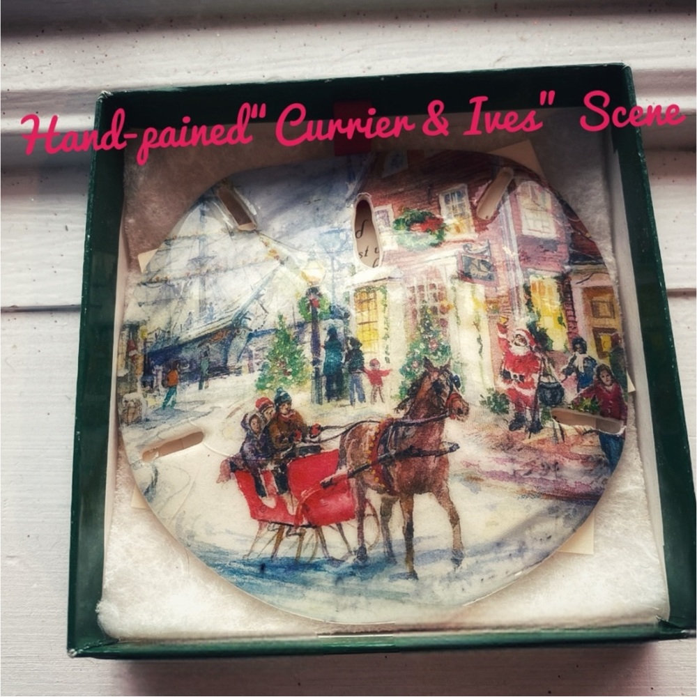 Sand-Dollar Ornament, Hand-Painted Currier & Ives Scene